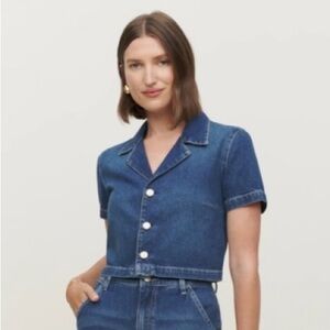Reformation Jeans Neva Denim Crop Top Button Up Mother of Pearl Shirt size 4
